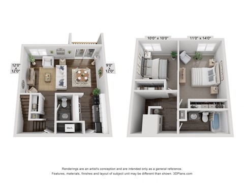 Floor plan for 2 beds, 1.5 baths, 968 sqft